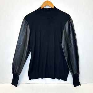 Sioni Milano Black Turtle Neck Long Faux Leather Sleeve Sweater size Large
